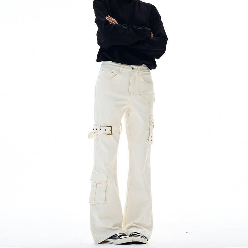 Damen Cargo-Flared-Jeans mit hoher Bundlinie, Utility-Taschen und Beinschnalle Drune
