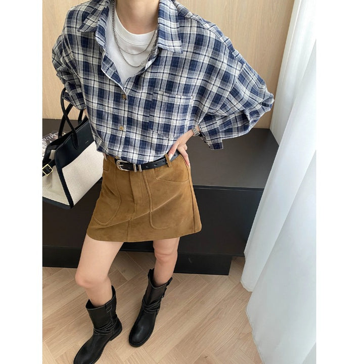 Damen lässige Karobluse mit lockerer Silhouette und praktischen Knopfdetails Drune