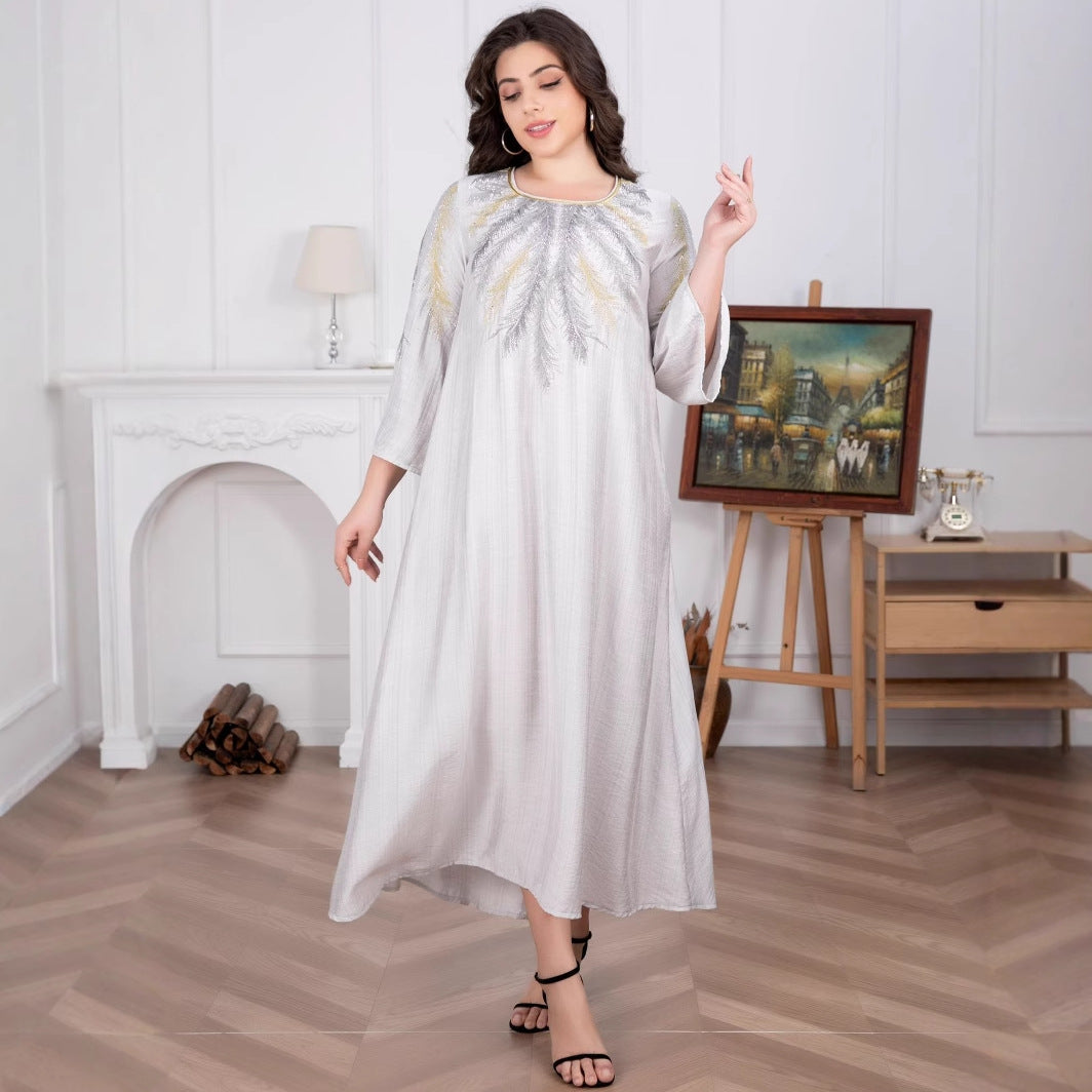 Damen Fließendes Maxikleid mit besticktem Rundhalsausschnitt und 3/4-Ärmeln Drune