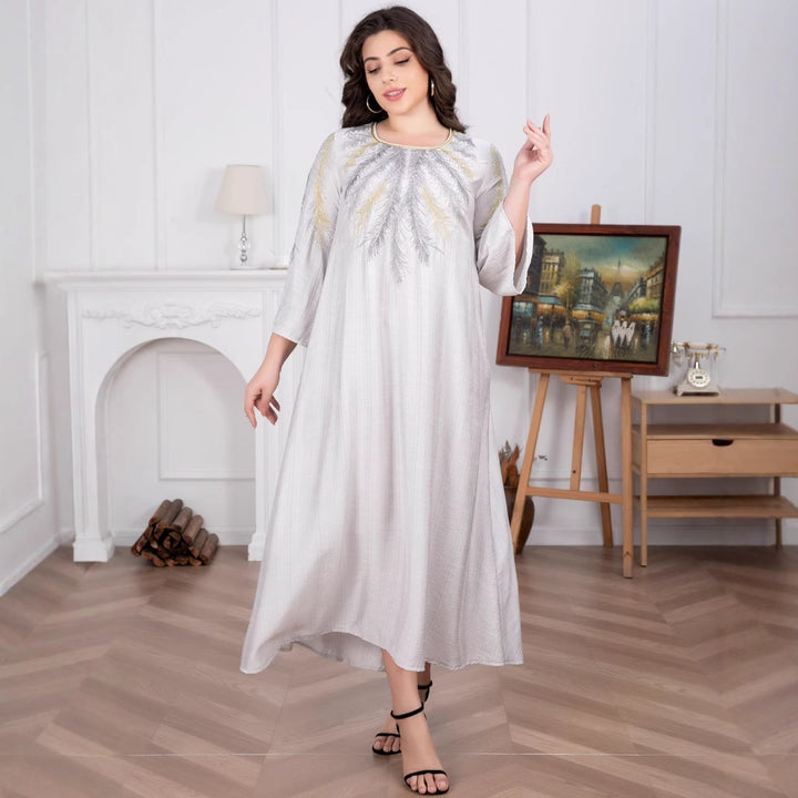 Damen Fließendes Maxikleid mit besticktem Rundhalsausschnitt und 3/4-Ärmeln Drune