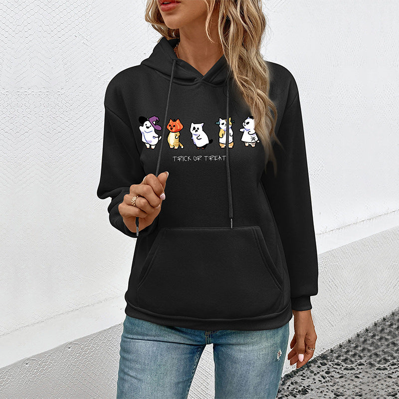 Damen Kapuzenpullover mit Cartoon-Katzen-Motiv, Kängurutasche und weichem Futter Drune