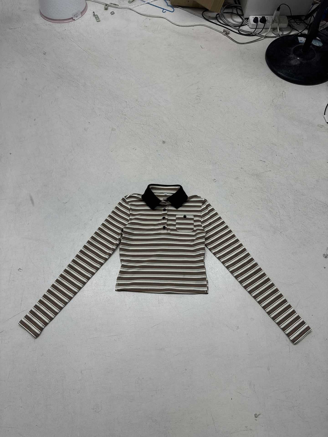 Damen nan gestreiftes Polo-Crop-Longsleeve mit kontrastkragen und Brusttasche Drune