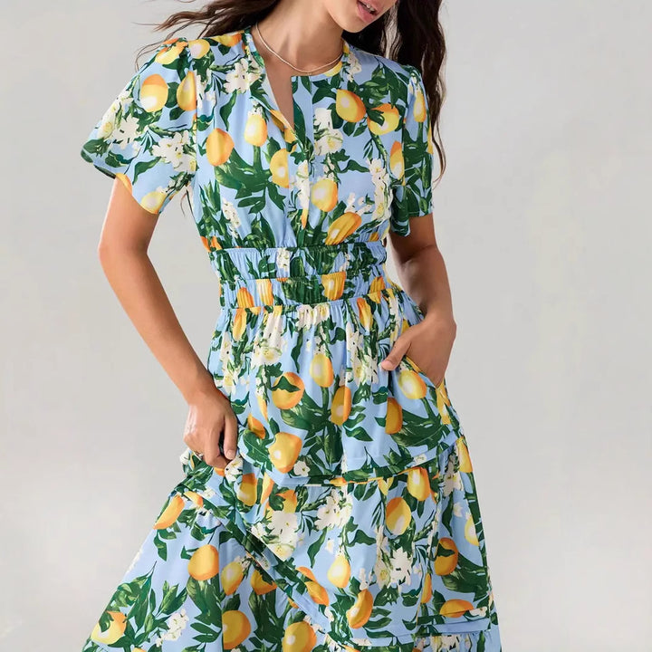 Damen Langes Wickelkleid mit elastischem Taillenzug und stilvollem Muster Drune