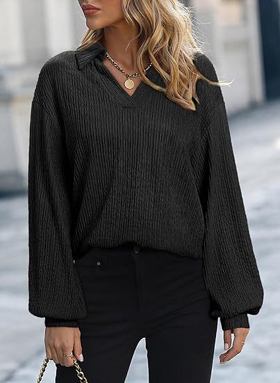 Damen Fleece-Microstruktur Pullover mit V-Ausschnitt und langen Ärmeln Drune