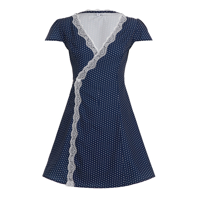 Damen Polka Dot Wickelkleid mit Spitzenakzenten Drune