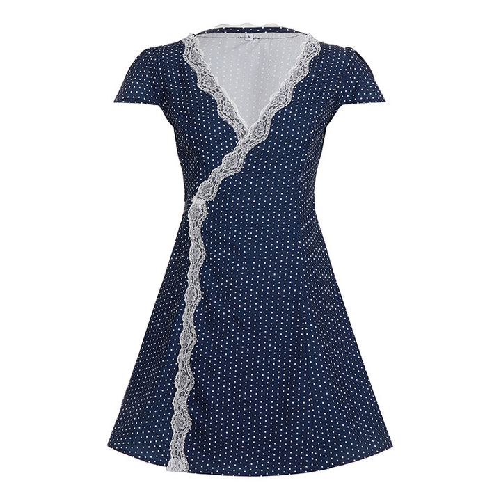 Damen Polka Dot Wickelkleid mit Spitzenakzenten Drune