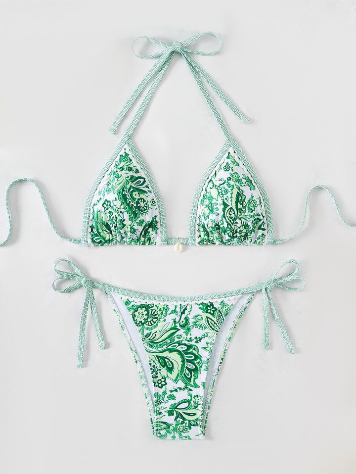 Damen Triangel-Bikini-Set mit verspieltem Blumenmuster und verstellbaren Bindebändern Drune