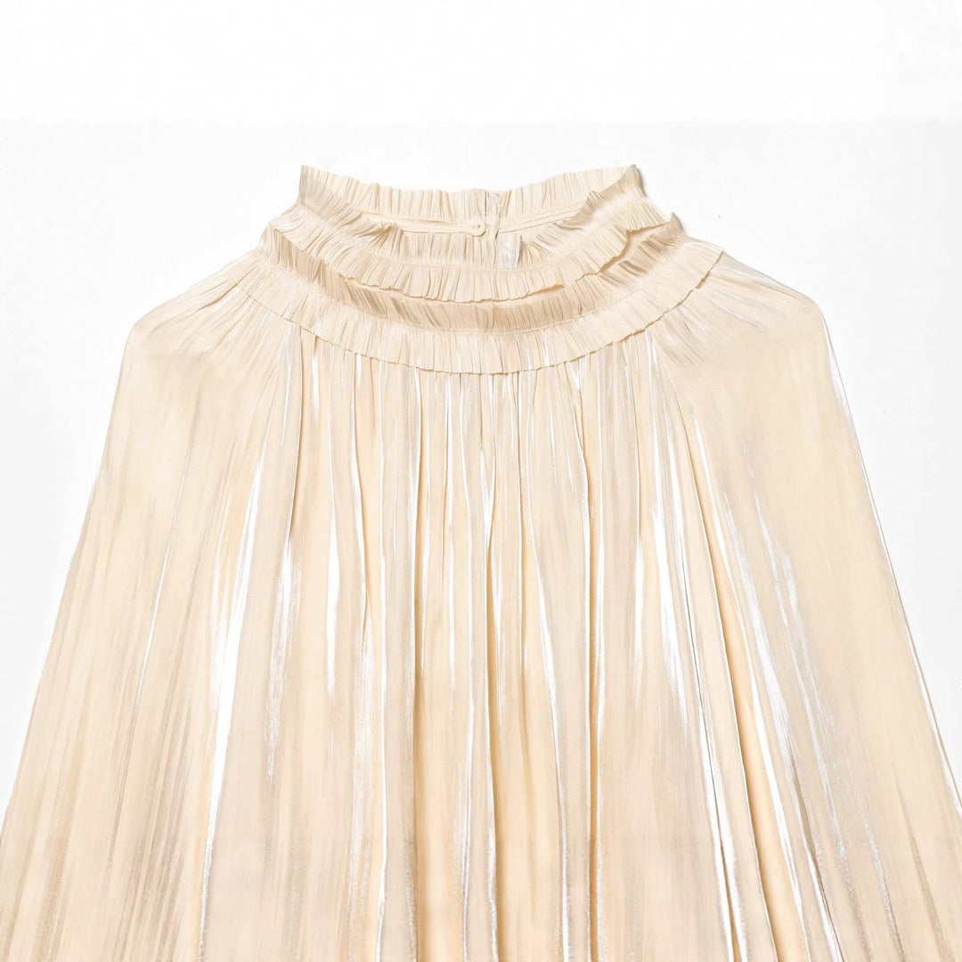Damen nan plissierte Highneck-Bluse mit Volantkragen, Ballonärmeln und elastischen Bündchen Drune