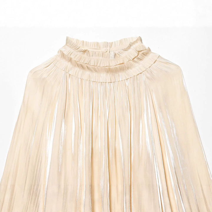 Damen nan plissierte Highneck-Bluse mit Volantkragen, Ballonärmeln und elastischen Bündchen Drune