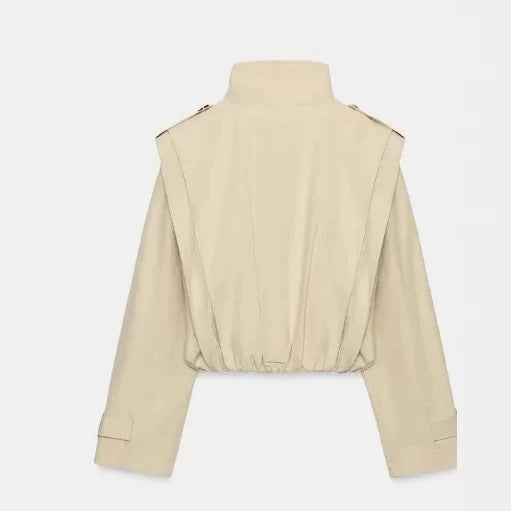 Damen Cropped Doppelreihiger Trench‑Blouson mit Stehkragen, Schulterpatten und elastischem Saum Drune