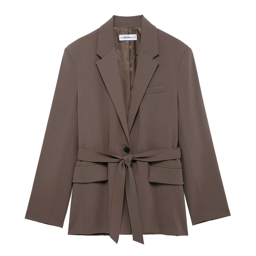 Damen nan taillierter Blazer mit Bindegürtel, Reverskragen, Pattentaschen und Ein-Knopf‑Verschluss Drune