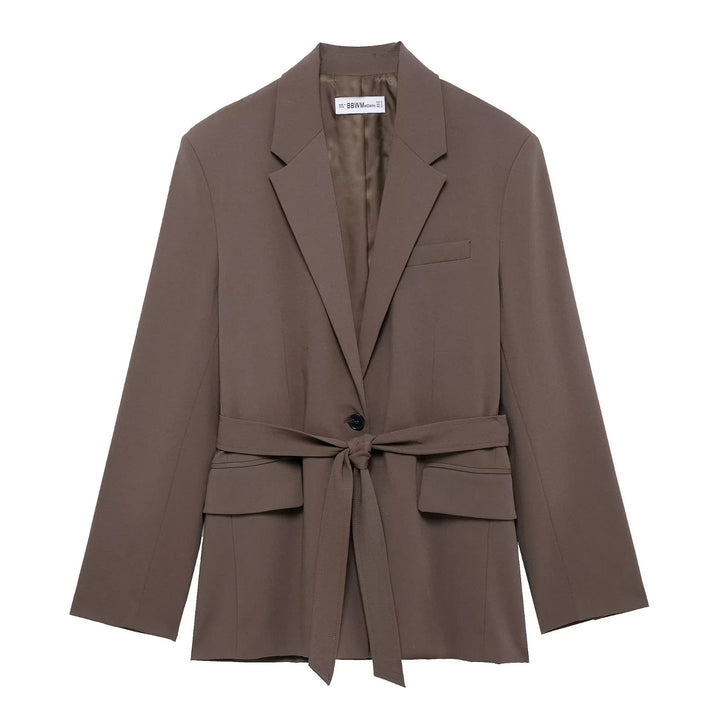Damen nan taillierter Blazer mit Bindegürtel, Reverskragen, Pattentaschen und Ein-Knopf‑Verschluss Drune