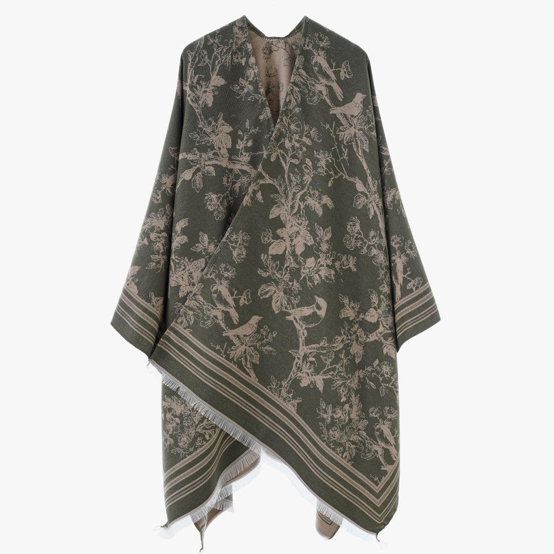 Damen Offener Jacquard‑Kaftanponcho mit Vogel‑ und Blumenmotiv Drune