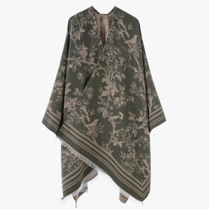 Damen Offener Jacquard‑Kaftanponcho mit Vogel‑ und Blumenmotiv Drune