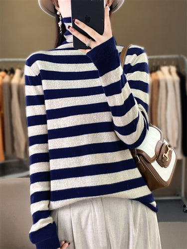 Damen Lässiger gestreifter Rollkragenpullover aus Wollmix mit legerer Passform Drune