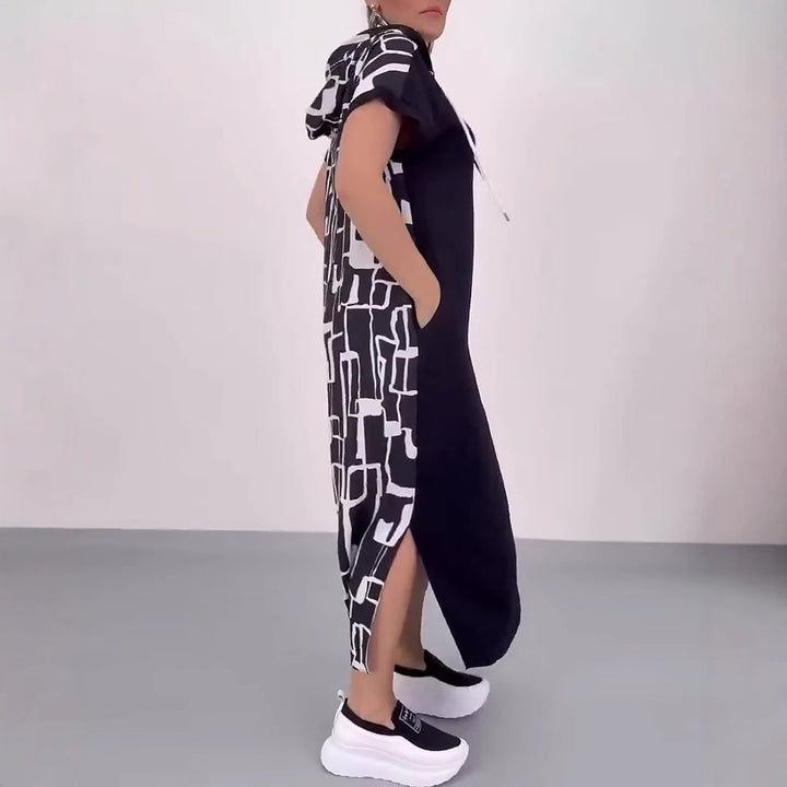 Damen nan urbanes Kapuzen‑Kaftankleid in lockerem Fall mit kurzärmeligem Schnitt und abstraktem Grafikmuster Drune