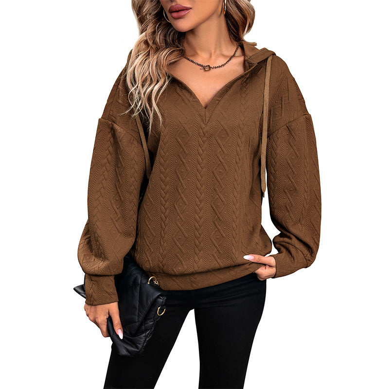 Damen Gemütlicher Strickpullover mit V-Ausschnitt und Kapuze Drune