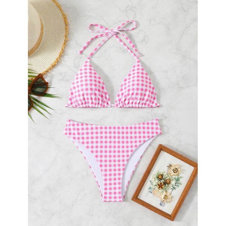 Damen Triangel-Bikini mit floralem Oberteil und Karomuster Drune