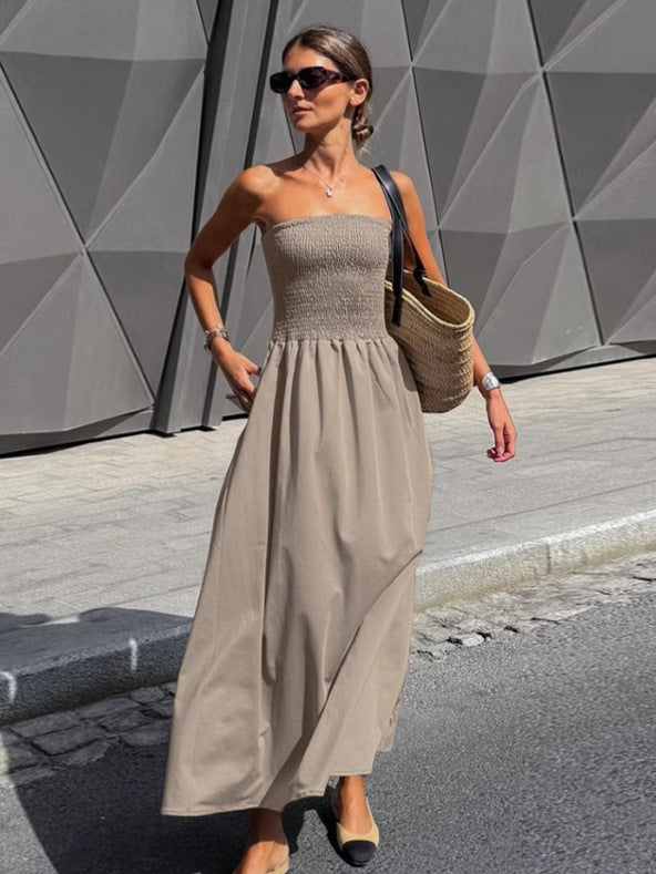 Damen Lange Boho-Strandkleid mit trägerlosem Design und raffiniertem Schnitt Drune