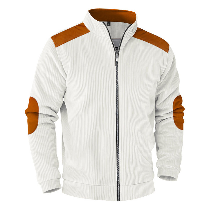 Herren nan gerippte Stehkragen-Sweatjacke mit durchgehendem Reißverschluss, Schulter- und Ellbogen-Patches Drune