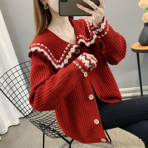 Damen Strickjacke mit kontrastierendem Kragen und Knopfdetails Drune