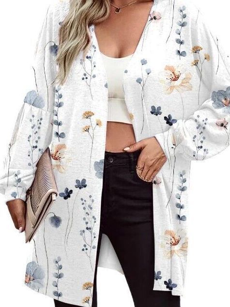 Damen Leichter Offener Longcardigan mit Federmotiv und Oversize-Ärmeln Drune