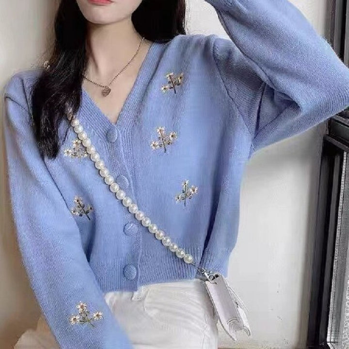 Damen kurzärmlige Strickjacke mit floralem Design Drune
