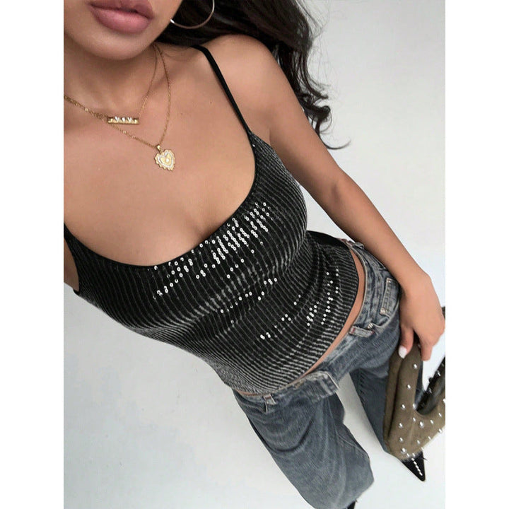 Damen Elegantes Spaghetti-Träger-Top mit Pailletten und figurbetontem Schnitt Drune