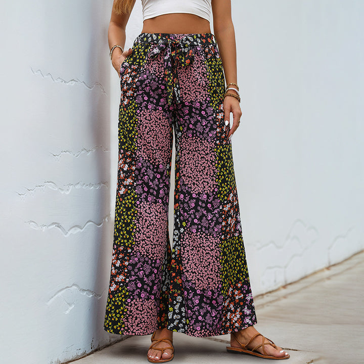 Damen Weite High-Waist Palazzo-Hose mit floralem Patchworkprint, Tunnelzug und Seitentaschen Drune