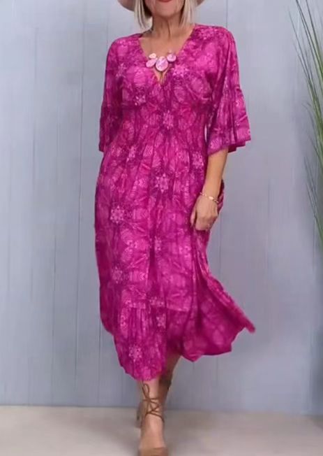 Damen nan fließendes Kaftan-Midikleid mit V-Ausschnitt, lockerer Silhouette, Stufenrock und dreiviertel-Ärmeln Drune