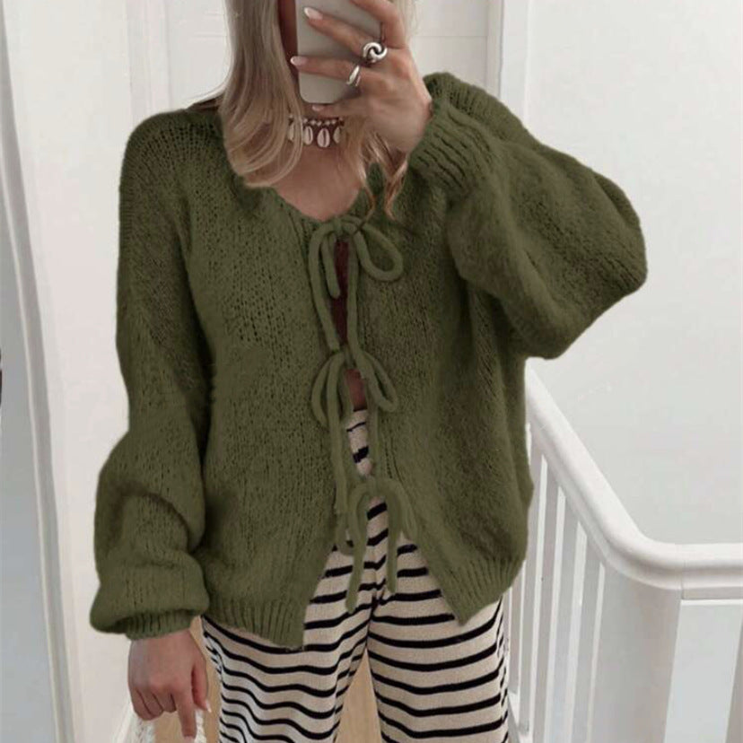 Damen Grobgestrickter Offener Cardigan mit Bindebändern, Oversize‑Silhouette und Raglanärmeln Drune
