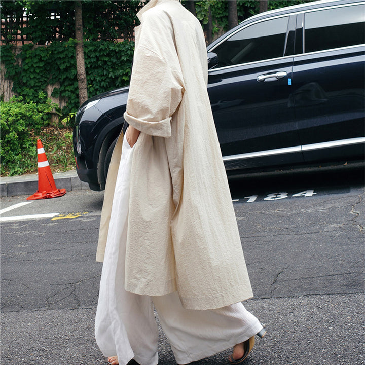 Damen Leichter Long-Duster im Crinkle-Look mit Stehkragen, tiefen Seitenschlitzen und Eingrifftaschen Drune