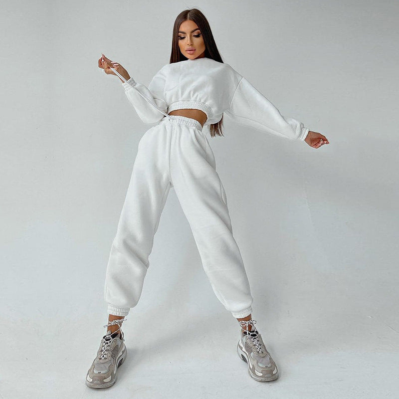 Damen cropped Stehkragen-Sweatset mit elastischem Taillenbund und hochtaillierter Tapered-Jogginghose Drune