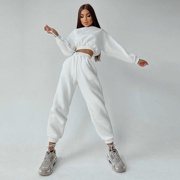 Damen cropped Stehkragen-Sweatset mit elastischem Taillenbund und hochtaillierter Tapered-Jogginghose Drune