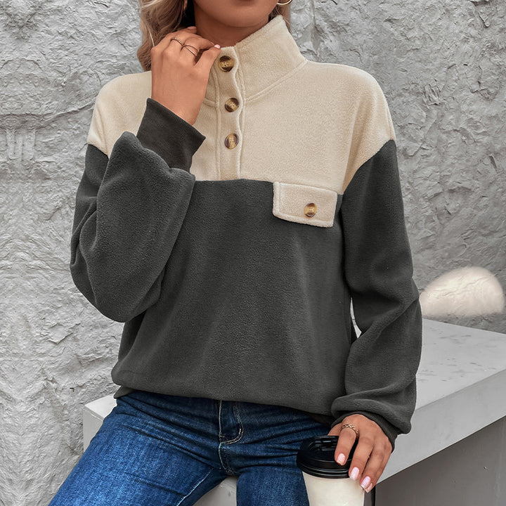Damen Fleece Pullover mit Knopfverschluss und Taschen Drune