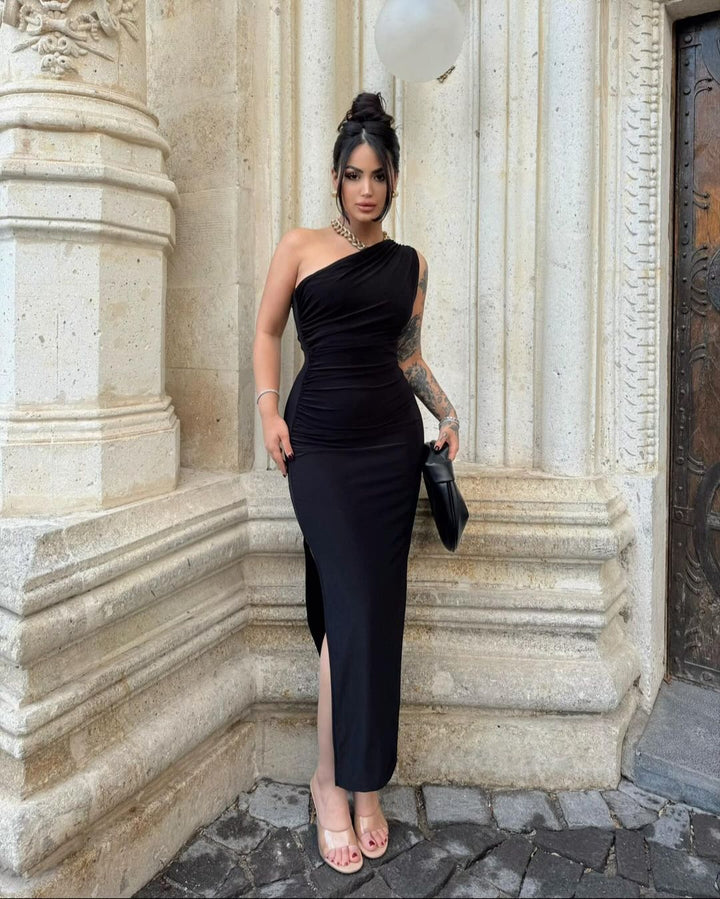 Damen elegantes langärmliges Maxikleid mit asymmetrischem Ausschnitt und Rüschendetails Drune