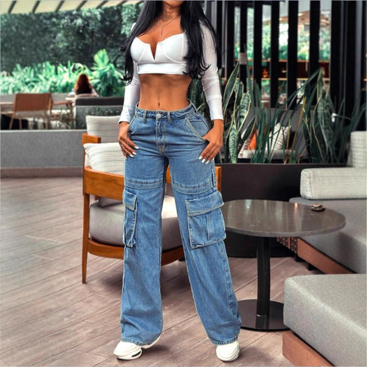 Damen tiefsitzende Wide‑Leg Cargo-Jeans mit XXL-Klappentaschen Drune