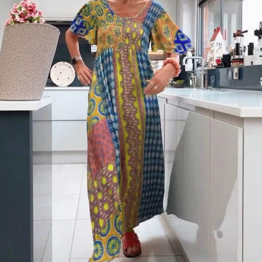 Damen nan Boho Maxikleid mit gesmoktem Oberteil und weitem Fließrock Drune