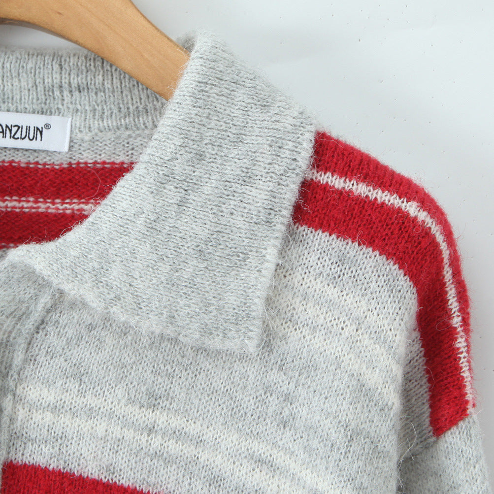 Damen Gestreifter Polokragen-Strickpullover im Oversize-Look Drune