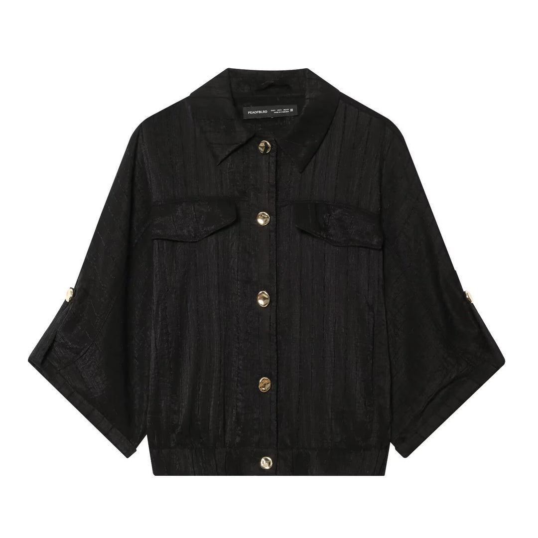 Damen Cropped-Hemdenbluse mit Fledermausärmeln, Brusttaschen und elastischem Taillenbund Drune