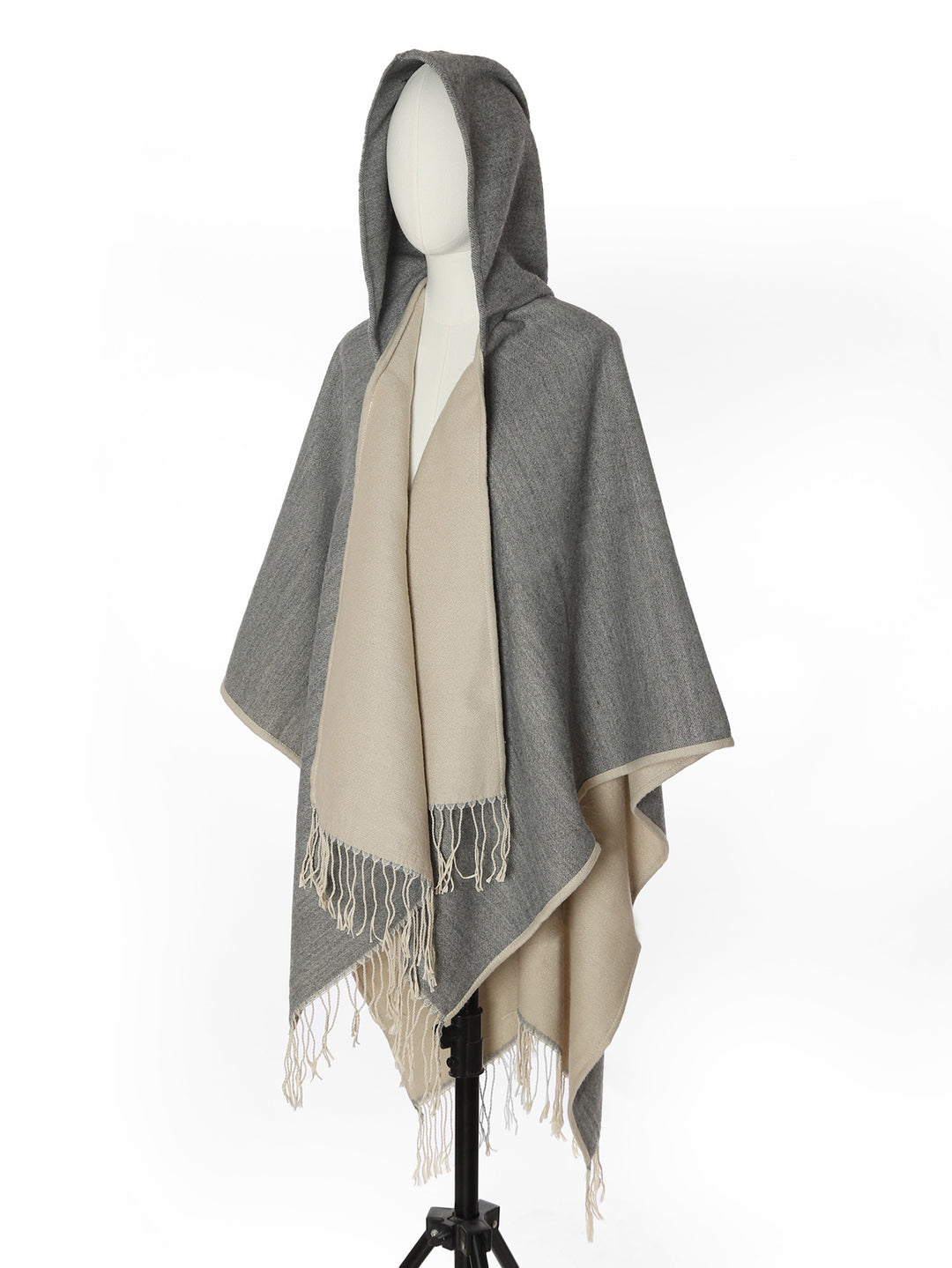 Damen Kapuzencape aus Wollmix mit Wendefunktion und Fransensaum Drune