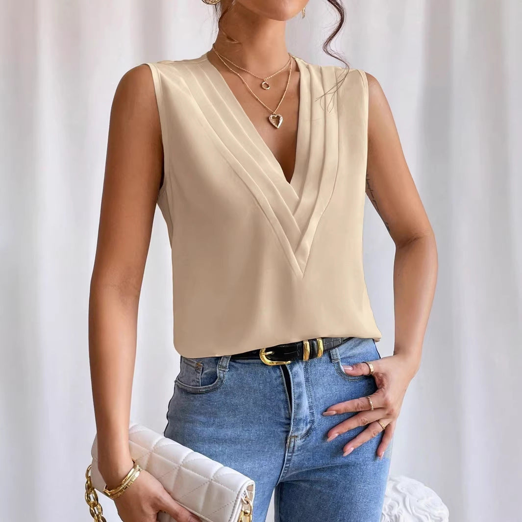 Damen Ärmellose Bluse mit plissiertem V-Ausschnitt und leichtem Satinfall Drune