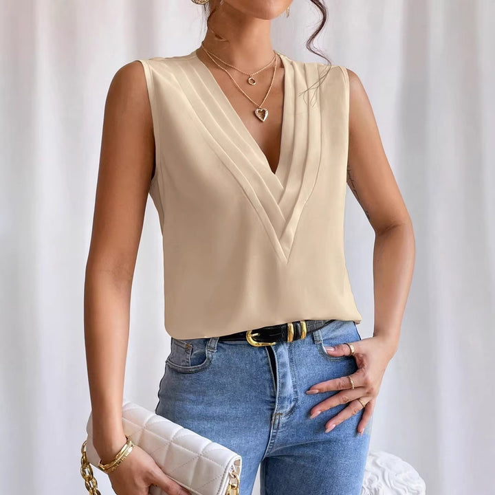 Damen Ärmellose Bluse mit plissiertem V-Ausschnitt und leichtem Satinfall Drune