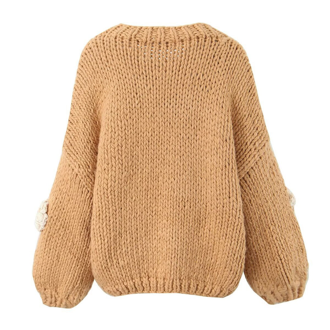 Damen gepunkteter Strickpullover mit voluminösen Ärmeln und floralem Design Drune