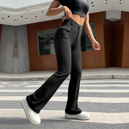 Damen hochgeschnittene Cargo-Hose mit frontnaht, ausgestelltem Bein und aufgesetzten Pattentaschen Drune