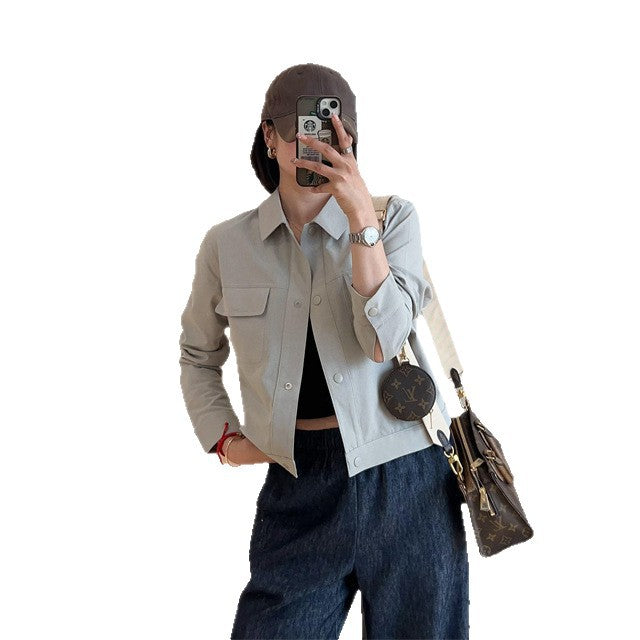 Damen Kurze Overshirt-Jacke aus leichtem Baumwollmix mit Brusttaschen Drune