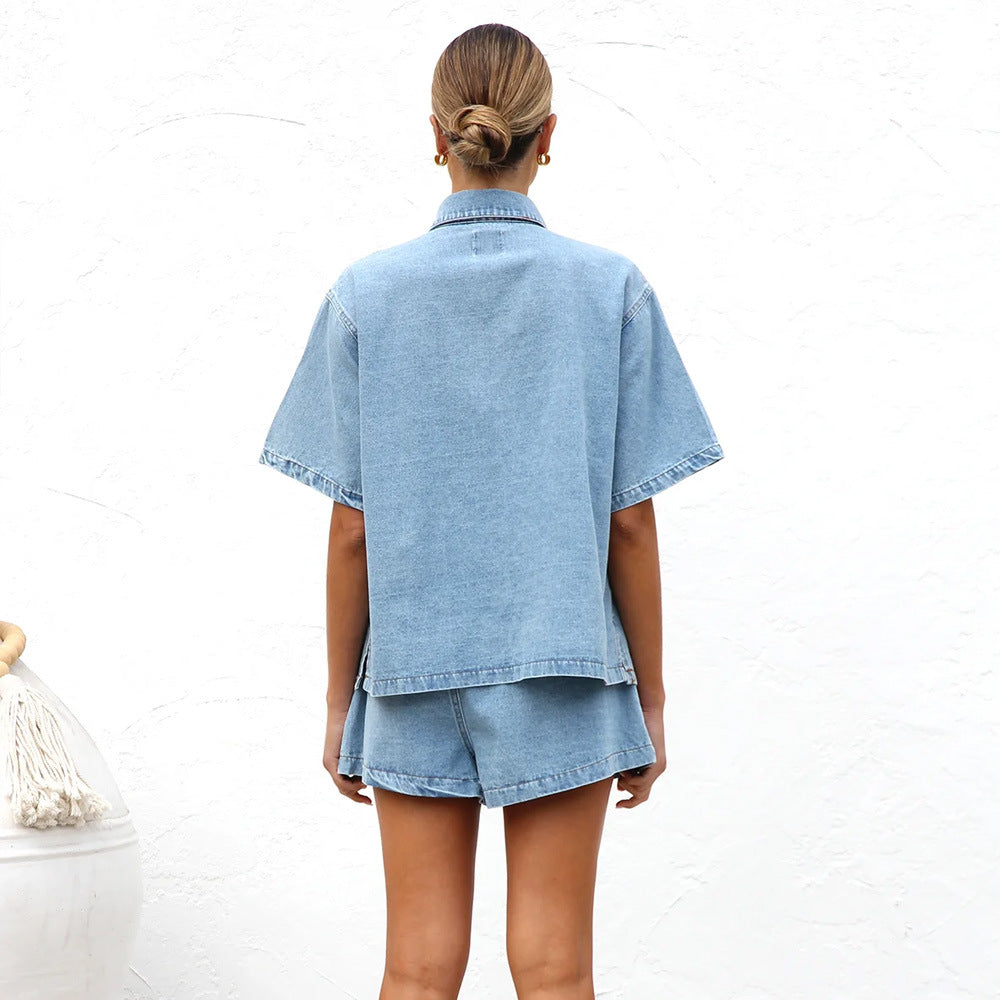 Damen lässige Kurzarm-Jeansbluse mit passender Shorts Drune