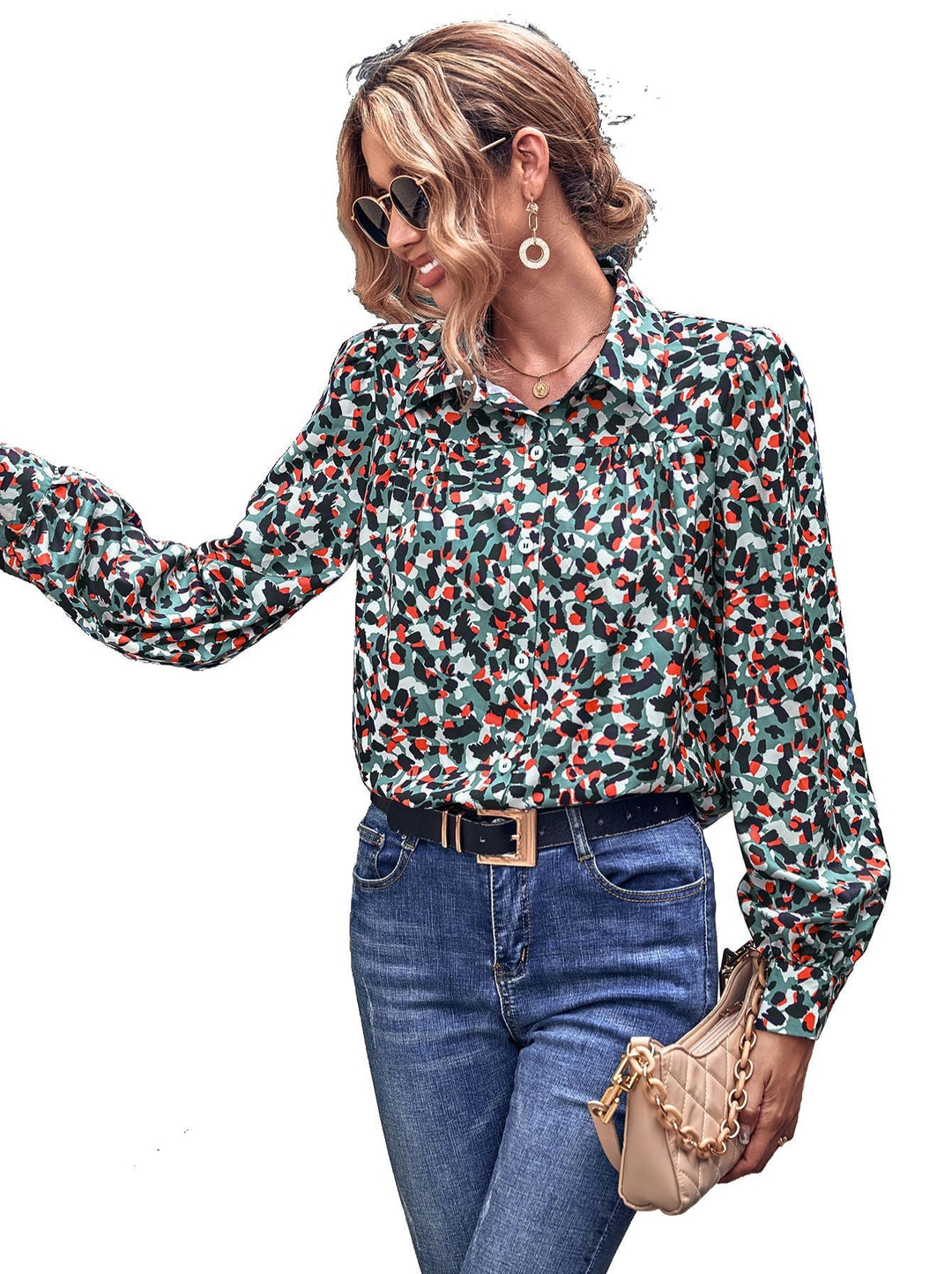 Damen Bluse mit floralem Muster und Puffärmeln Drune