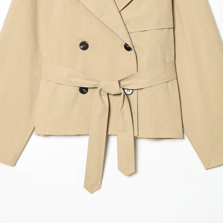 Damen kurzgeschnittener Trenchcoat mit Taillengürtel und Doppelreiher Drune