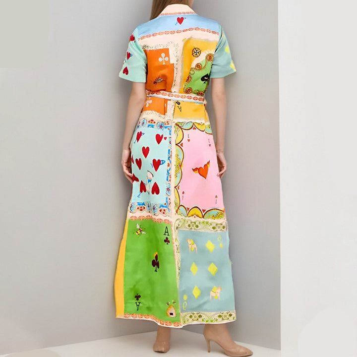 Damen Maxikleid mit buntem Patchwork-Design und taillierbarem Gürtel Drune